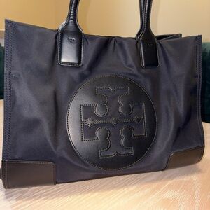 Tory Burch Ella Mini Black Nylon Tote with Leather Signature Emblem